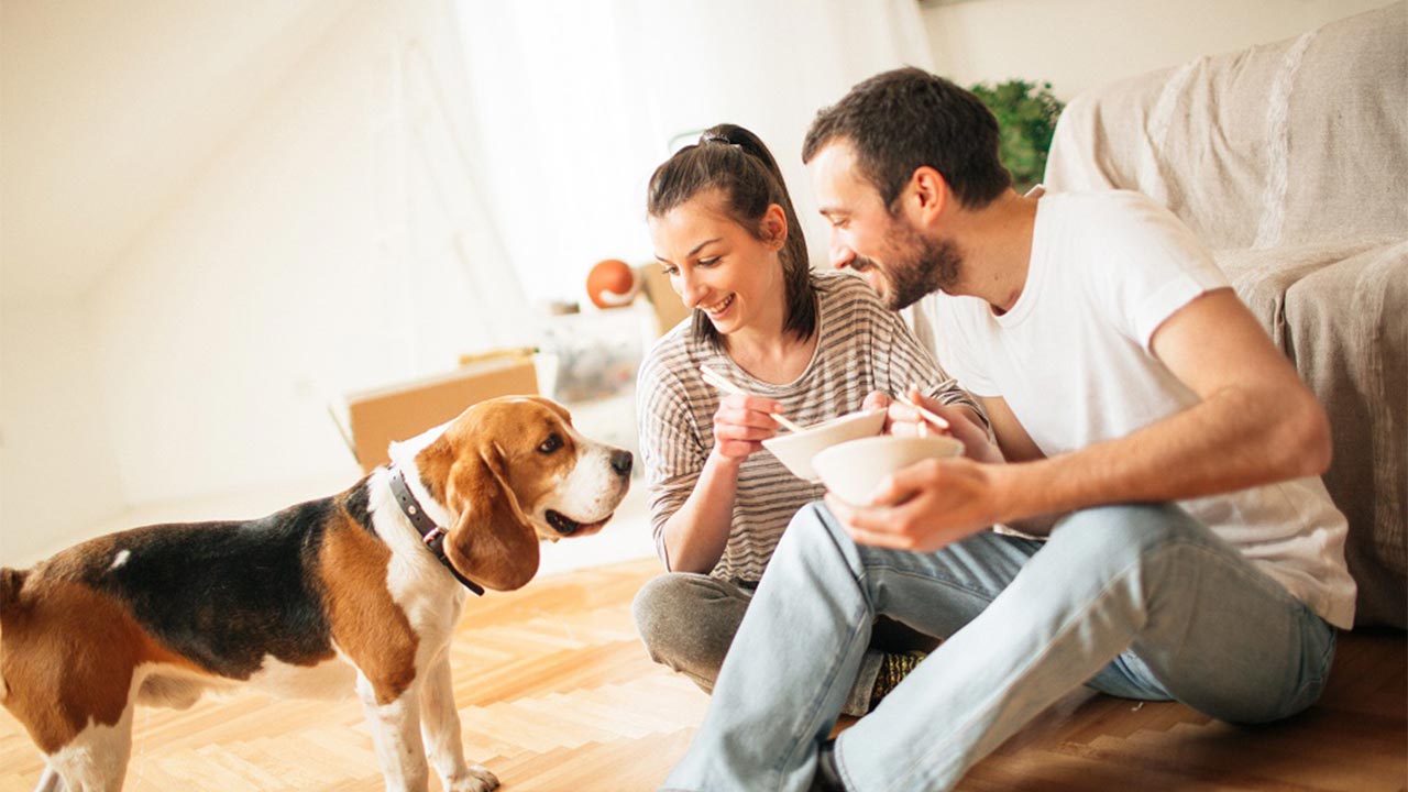 A young woman sitting on the floor of her apartment casually eating food with a young man while their dog looks on