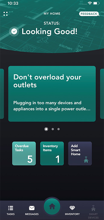 Smart phone with image of “Your Tasks” page indicating household tasks that are scheduled or overdue.