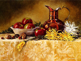 Jane Puerini, "Copper Pitcher with Apples and Mums"